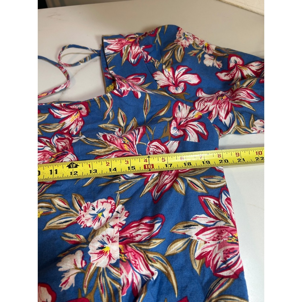 A New Day Blue Floral Cotton Linen Square Neck Puff Sleeve Mini Dress L NEW - Picture 9 of 10
